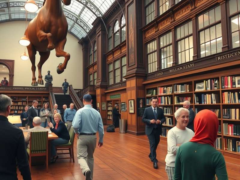 Manhattan Public Library modern interior with people reading and using computers